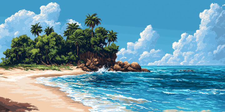 Video game interface background of tropical island surrounded by turquoise ocean waters, palm trees, sandy beaches and gentle waves in flat cartoon 8-bit retro style