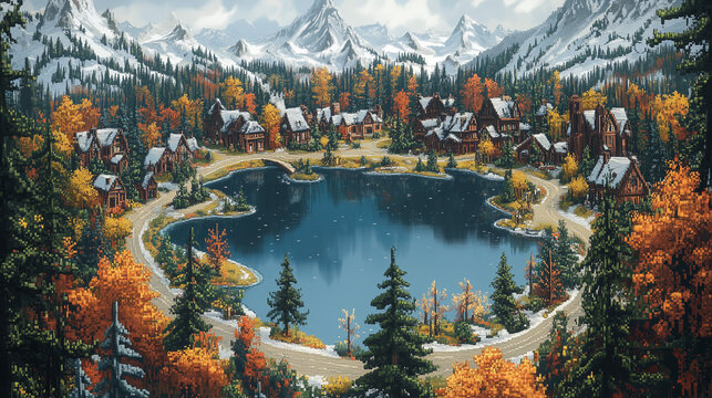 Video game interface background of autumn day in the city with houses, forest and a lake in the center in flat cartoon 8-bit retro style