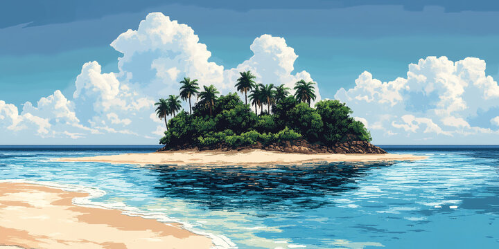 Video game interface background of tropical island surrounded by turquoise ocean waters, palm trees, sandy beaches in flat cartoon 8-bit retro style