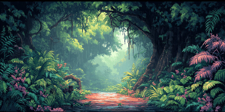 Video game interface background of forest in the jungle with rain and plants in flat cartoon 8-bit retro style