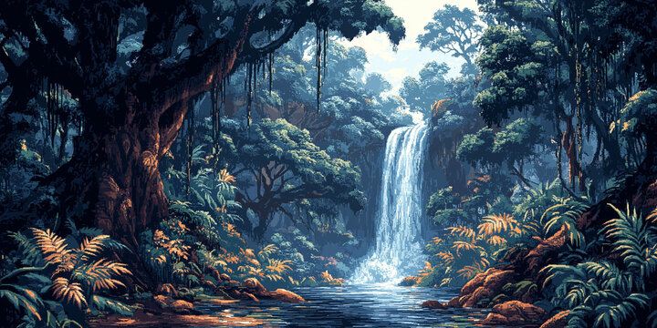 Video game interface background of dense jungle with towering trees, waterfall, hanging vines in flat cartoon 8-bit retro style