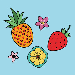Cute Cartoon Pineapple Strawberry and Flowers Illustration for Summer Designs