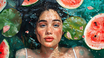 Fashion portrait of young beautiful woman with watermelon in the pool