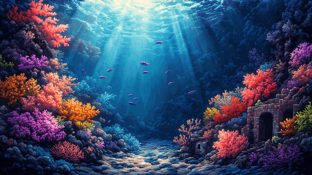 Video game interface background of underwater world with beautiful corals in flat cartoon 8-bit retro style