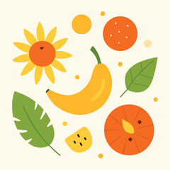 Vibrant Summer Fruit Composition with Banana Watermelon and Tropical Leaves