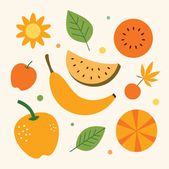 Vibrant Summer Fruit Illustration Featuring Banana Watermelon Apple and Orange Slices
