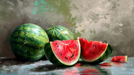 Ripe watermelons and watermelon slices on a gray background