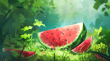 Watermelon on the background of a summer landscape. Vector illustration.