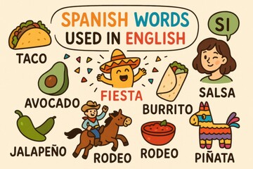 Fun Celebration of Spanish Words Used in English, Featuring a Colorful Fiesta Theme With Iconic Foods and Cultural Symbols