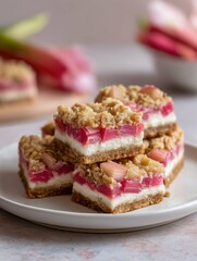 A delectable stack of rhubarb crumble bars on a white plate with rhubarb stalks in the background