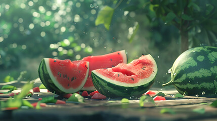 Watermelon slices with drops of water on wooden table, summer background
