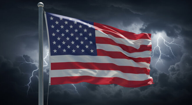 American flag stormy sky