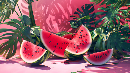 Summer pink background with watermelon and tropical leaves. 3d illustration.