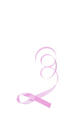 Curled long pink ribbon as symbol of breast cancer awareness isolated on white background