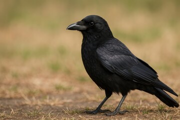 Fototapeta premium Majestic crow on grassy field.