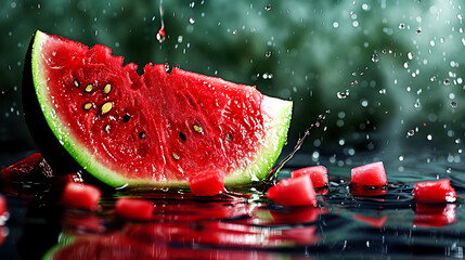 Watermelon falling into the water with splashes and drops of water