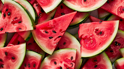 Triangular pieces of watermelon on the background. The view from above.
