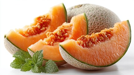 Fresh Cantaloupe Slices with Mint Leaves on White Background, Healthy Food