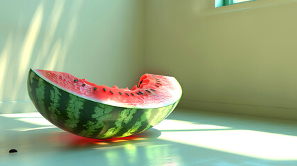 A bitten piece of watermelon on the floor in the room. 3d visualization