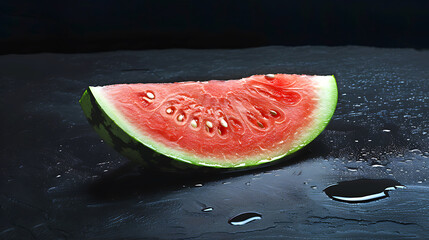 Slice of watermelon on a black background with water drops.