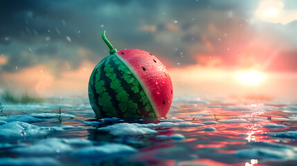 A watermelon, one part of it without a rind, floats in the water in the rain. 3D illustration. Space for copying.