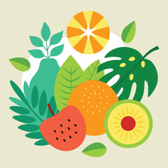 Vibrant Tropical Fruit Composition with Lush Green Leaves