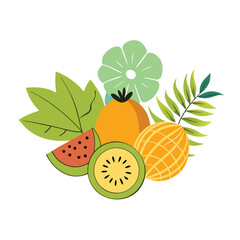 Summer Fruits Tropical Illustration Watermelon Kiwi Cantaloupe Leaves