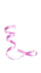 Symbol of breast cancer awareness with long curly pink ribbon isolated on white background