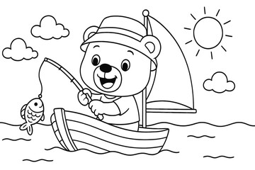 Joyful bear fishing on striped sailboat under sunny sky with clouds. Catches a fish, perfect for kids coloring pages.