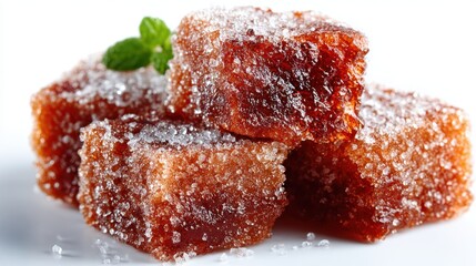 Delicious Homemade Marmalade Candy Cubes Sprinkled with Sugar and Garnished with Mint