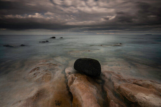 The coastline of Crail, Fife, Scotland with petrified tree trunks in the water.
