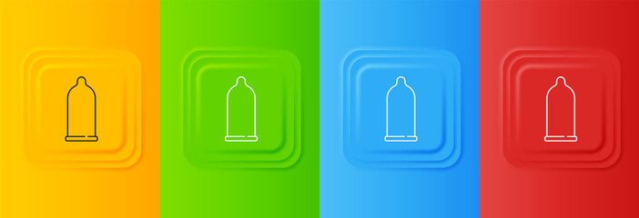 White Condom safe sex icon isolated on colorful background. Safe love symbol. Contraceptive method for male. Set icons in square buttons. Vector