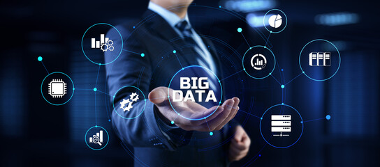 Big Data Analysis Analytics internet technology concept. Businessman pressing button on screen.