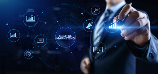 DIgital marketing online internet SEO SEM SMM. Businessman pressing button on screen.