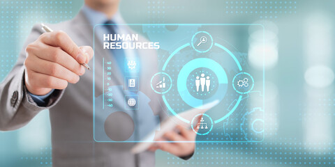 HR Human resources management Recruitment Headhunting. Businessman pressing button on screen.