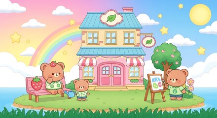 Obraz premium Adorable Bear Family's Sweet Little Shop A Whimsical Illustration
