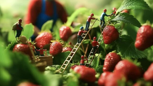 Tiny miniature workers harvesting giant strawberries in a surreal strawberry field	