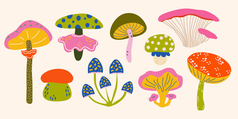 Whimsical mushrooms retro set. Hand drawn vector cute autumn design elements for greeting cards, stickers, badges. Mystery and fantastic forest fungi plant collection