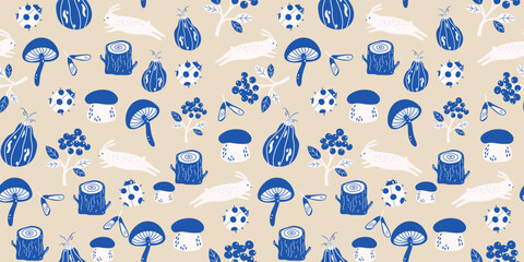 Autumn wild forest vector seamless pattern in folk boho style. Woodland background in Scandinavian style for textile, fabric with autumn leaves, pumpkins, rabbit, mushrooms, branches © luamor