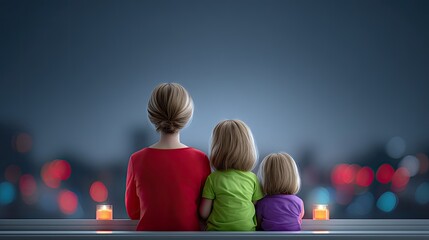 Family Silhouette at Dusk, Watching City Lights