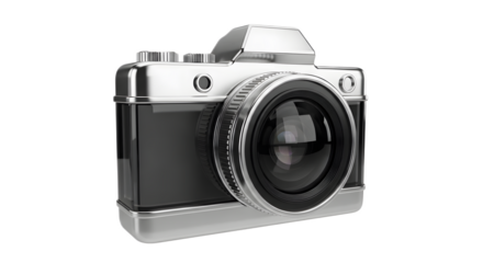 Retro Style Camera Vintage Photography Icon with Shiny Silver Accents, isolated on white backdrop for classic imagery and creative content.