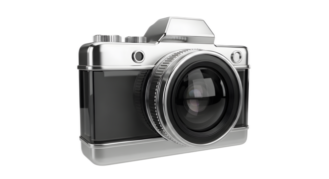 Retro Style Camera Vintage Photography Icon with Shiny Silver Accents, isolated on white backdrop for classic imagery and creative content.
