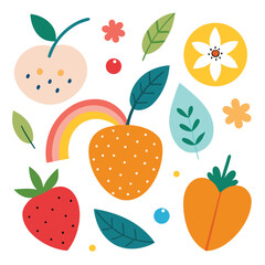 Cute Fruit and Flower Illustration with Rainbow for Kids