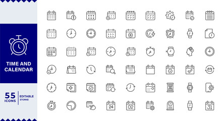 pixel perfect Time and calendar Line Editable Icons set. Vector illustration in modern thin line style of time management related icons: clock, stopwatch, timer, schedule, date