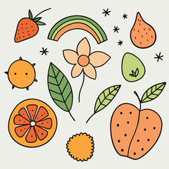 Cute Hand Drawn Fruit and Flower Illustration Set for Kids
