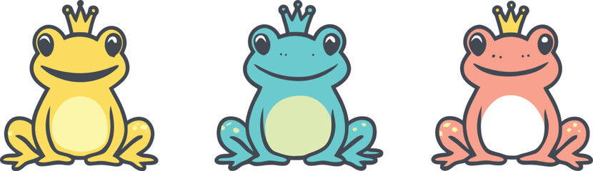 Three Crowned Frog Prince Illustrations Yellow Teal Pink