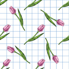 Hand drawn seamless pattern of pink tulips with green leaves on squared paper background, vintage floral illustration
