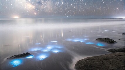 A magical beach where glowing life illuminates the shallows under a canopy of stars.