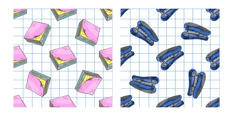 Hand drawn seamless pattern of sticky notes and staplers in pastel colors on squared paper background, vintage style