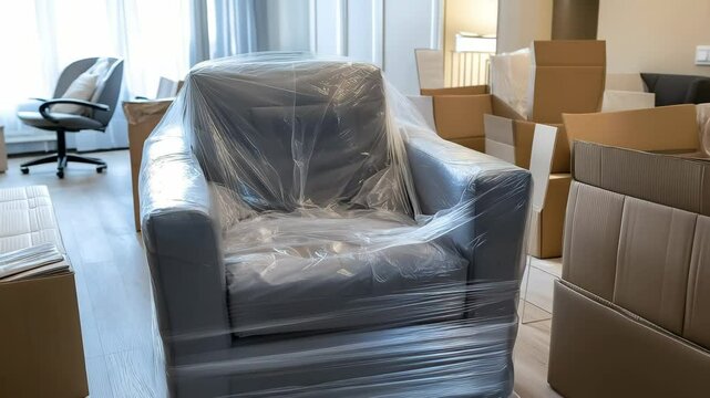 A couch wrapped with plastic ready for moving out, Sofa covered in protective plastic wrap, Furniture preservation and care, Furniture mover and delivery concept	